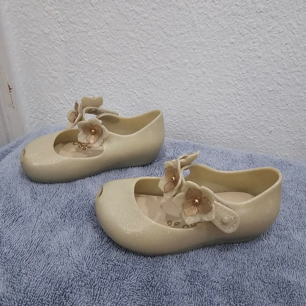 Mini Melissa Ultragirl Flower Glitter Jelly Shoes Gold Mary Jane Toddler Size 7